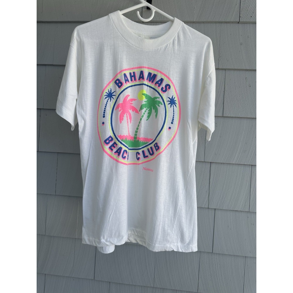 Vintage 80s Bahamas Beach Club Single Stitch T-Shirt Neon Palm Trees Large‎